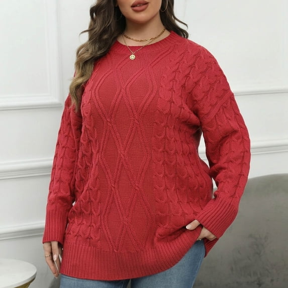 LEKWK Plus Size Sweaters for Women Cable Knit Crewneck Long Sleeve Chunky Oversized Sweaters Slouchy Cozy Warm Fall Winter Tunic Top