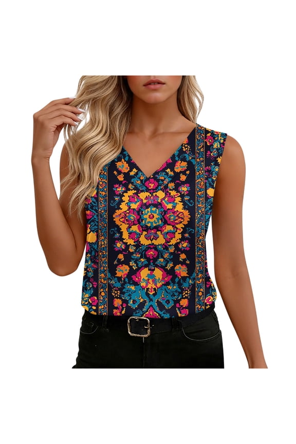 Plus Size Tank Tops Regular Fit V-Neck Sleeveless Tops Paisley Print Bohemian Tops Pattern Summer Vacation Wear