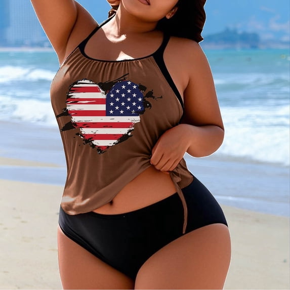 LEKWK Plus Size Tankini Swimsuits for Women Two Piece Usa Flag Print Loose Fit Bathing Suits Tummy Control Patriotic Summer Vacation Swimwear