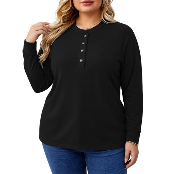 LEKWK Plus Size Tops for Women Long Sleeve Crew Neck Henley Shirts Fall Winter Relaxed Fit Workout Tops Gym Running Activewear,Size L-5XL
