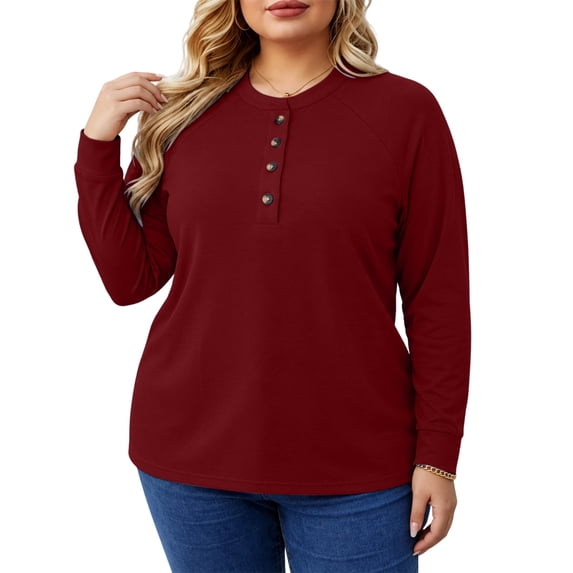 LEKWK Plus Size Tops for Women Long Sleeve Crew Neck Henley Shirts Fall Winter Relaxed Fit Workout Tops Gym Running Activewear,Size L-5XL