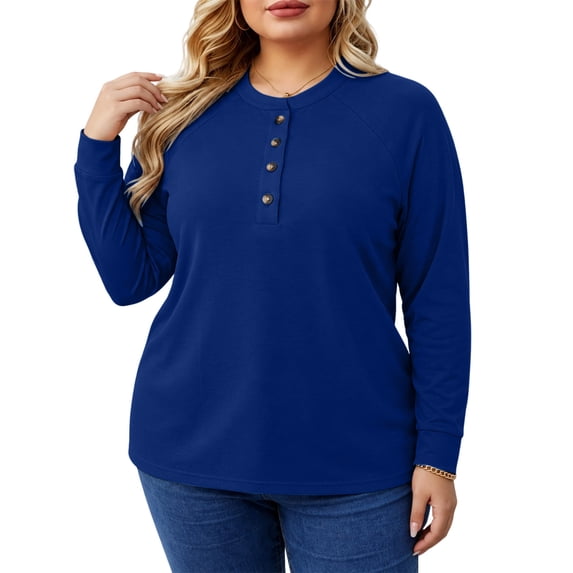 LEKWK Plus Size Tops for Women Long Sleeve Crew Neck Henley Shirts Fall Winter Relaxed Fit Workout Tops Gym Running Activewear,Size L-5XL
