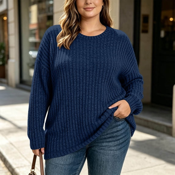 LEKWK Plus Size Tops for Women Long Sleeve Crewneck Oversized Tops Ribbed Knit Loose Fit Warm Cozy Lounge Fall Winter Outfits Navy XXXXL