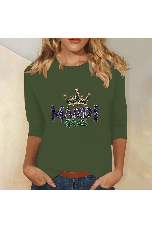 Plus Size Tops for Women Queen Crown Print Casual Tops 3/4 Sleeve Graphic Tees Gold Glitter Crown Mardi Gras Text Outfits