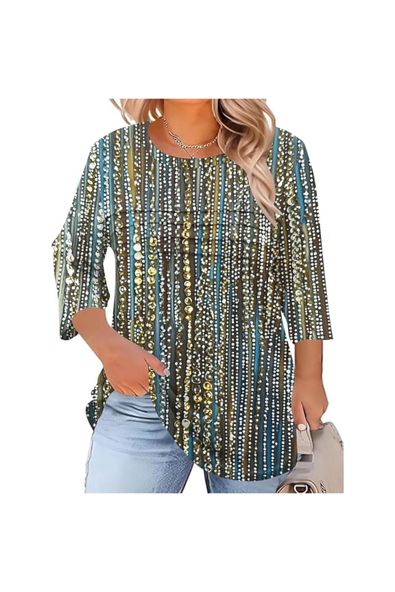 Plus Size Tops for Women Regular Fit Crew Neck 3/4 Sleeve Tops Loose Fit Neutral Grid Checke Tunic Tops Soft Pleated Detail Casual Work Wear