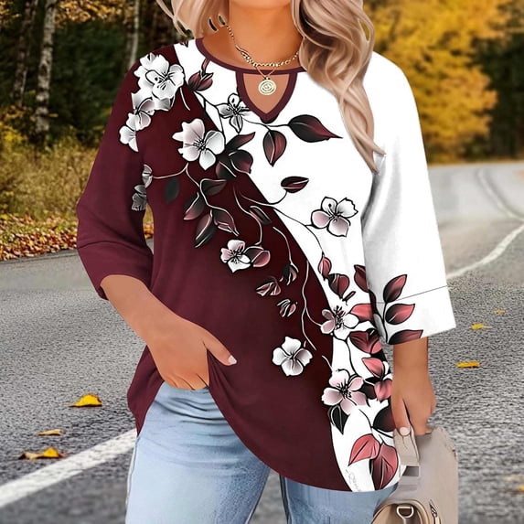 LEKWK Plus Size Womens Dressy Tops Regular Fit Keyhole Neck 3/4 Sleeve Tops Regular Fit Elegant Flower Print Blouses & Button-Down Shirts Contrast Color Design Business Casual Outfits