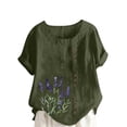 thumbnail image 1 of LEKWK Plus Size Womens Linen Blouse Lavender Flower Print Basic Tees Short Sleeve Cute Tops Side Button Crew Neck Garden Nature Outfits, 1 of 5