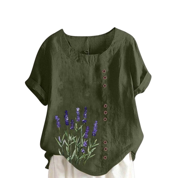 LEKWK Plus Size Womens Linen Blouse Lavender Flower Print Basic Tees Short Sleeve Cute Tops Side Button Crew Neck Garden Nature Outfits