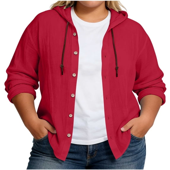 LEKWK Plus Size Womens Linen Shirt Oversized Lightweight Long Sleeve with Hood Tops Casual Adjustable Drawstring Blouses & Button-Down Shirts Outdoor Wear