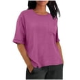 thumbnail image 1 of LEKWK Plus Size Womens Linen Top Boxy Fit Round Neck Basic Tops for Woman Short Sleeve Casual Tops Chest Pocket Soft Daily School Wear, 1 of 9