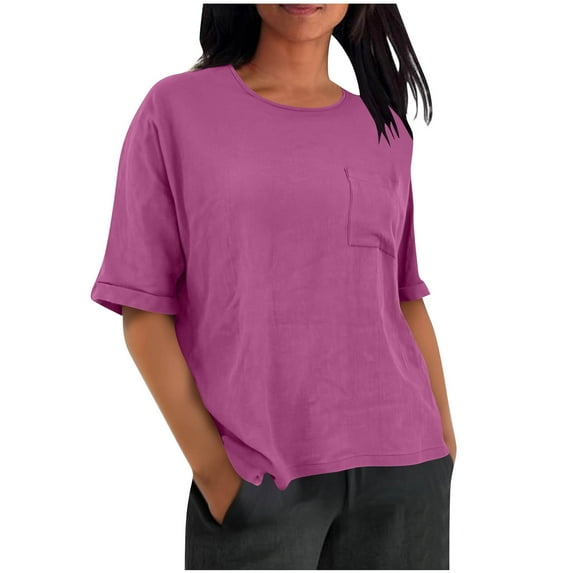 LEKWK Plus Size Womens Linen Top Boxy Fit Round Neck Basic Tops for Woman Short Sleeve Casual Tops Chest Pocket Soft Daily School Wear