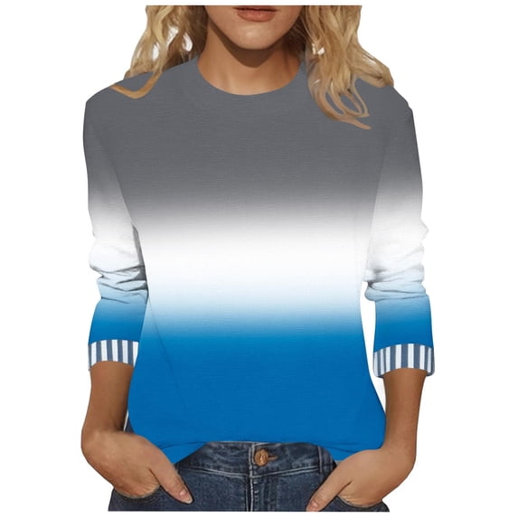 LEKWK Plus Size Womens Long Sleeve Tops Casual Regular Fit Crew Neck Long Sleeve Shirts Regular Fit Gradient Ombre Tops Long Sleeve Contrast Striped Cuffs Modern Work Outfits