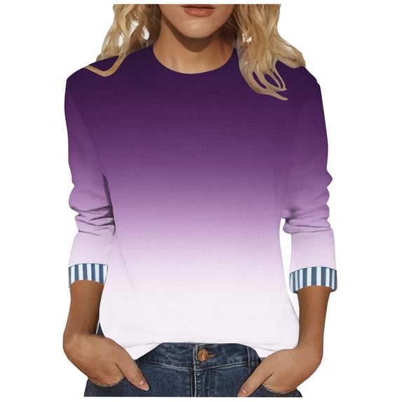 LEKWK Plus Size Womens Long Sleeve Tops Casual Regular Fit Crew Neck Long Sleeve Shirts Regular Fit Gradient Ombre Tops Long Sleeve Contrast Striped Cuffs Modern Work Outfits