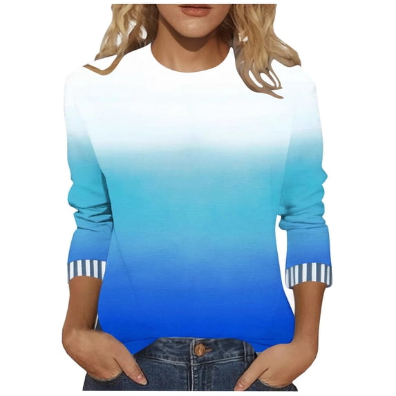 LEKWK Plus Size Womens Long Sleeve Tops Casual Regular Fit Crew Neck Long Sleeve Shirts Regular Fit Gradient Ombre Tops Long Sleeve Contrast Striped Cuffs Modern Work Outfits
