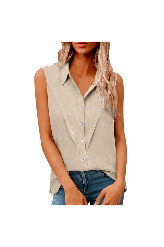 Plus Size Womens Sleeveless Linen Tops Button Down Collar Tank Tops V Neck Work Tops Solid Vest Top Business Casual Summer Wear