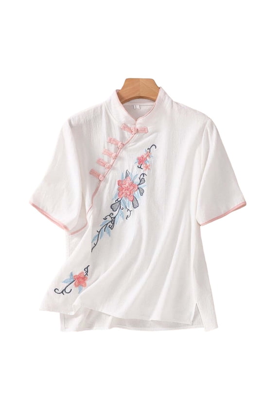 Plus Size Womens Summer Linen Tops Floral Embroidered Boho Tops Mandarin Collar Short Sleeve Tops Frog Button Vintage Style Vacation Party Wear