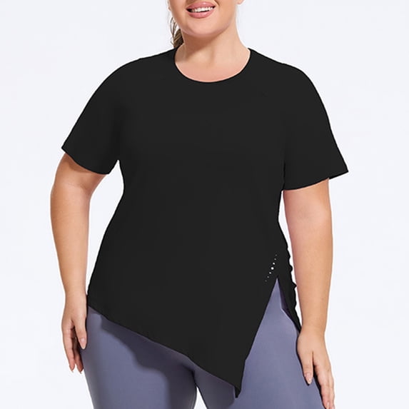 LEKWK Plus Size Womens WorkoutTops Plus Size Crew Neck Short Sleeve Tops Regular Fit Solid Black Athletic Shirts & Tees Asymmetrical Split Hem Gym Training Wear