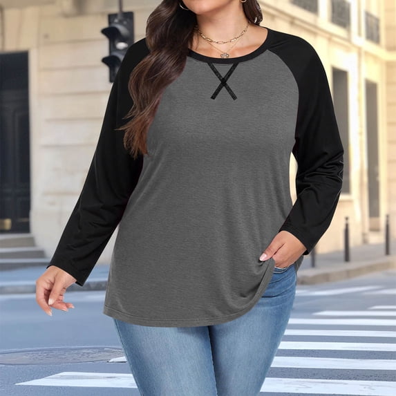 LEKWK Plus Size Womens Yoga Shirts Regular Fit Crew Neck Long Sleeve Shirts Regular Fit Contrast Raglan Sleeve Yoga Tops Classic Baseball Style Gym Exercise Wear