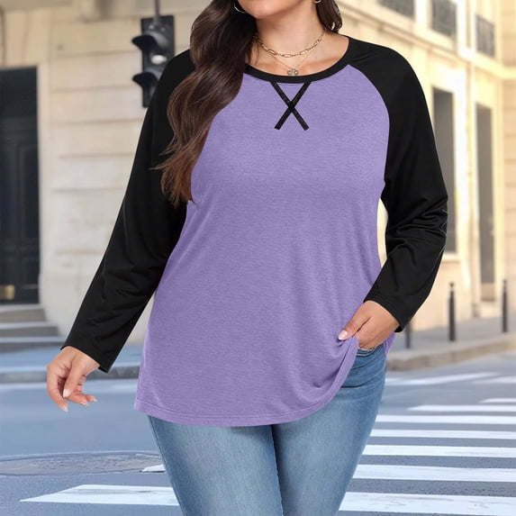 LEKWK Plus Size Womens Yoga Shirts Regular Fit Crew Neck Long Sleeve Shirts Regular Fit Contrast Raglan Sleeve Yoga Tops Classic Baseball Style Gym Exercise Wear