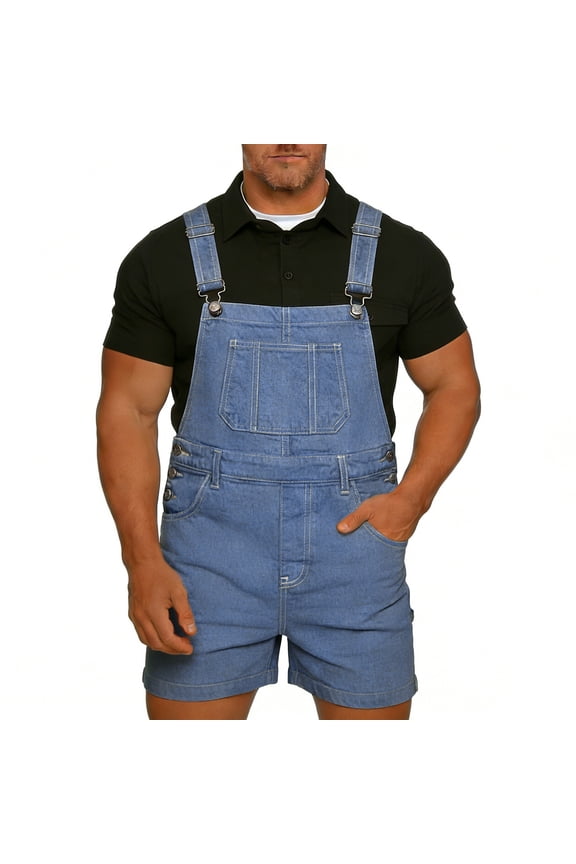 Plus size Mens Jean Overall Shorts Style Button Closure Denim Bib Shorts with Chest Pocket Loose Fitted Casual Adjustable Straps Daily Wear