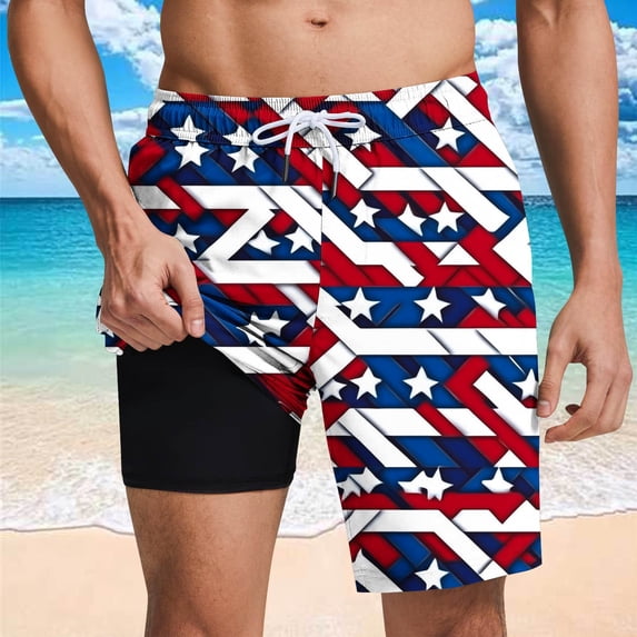 LEKWK Plus size Mens Swim Shorts 2 In 1 With Compression Liner Swim Shorts Patriotic Flag Print Graphic Swimming Trunks Athletic Vacation Wear