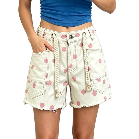 LEKWK Polka Dot Jean Shorts Womens High Waisted Drawstring Casual Denim Shorts Y2K Loose Fit Frayed Bottoms with Pockets Summer Beach Vacation Outfits