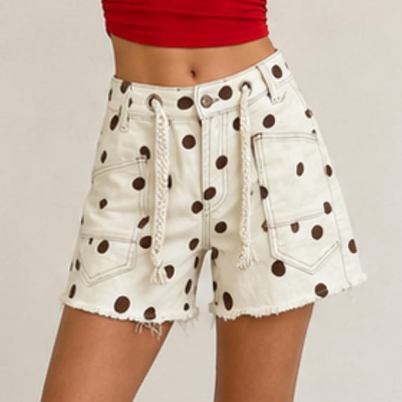 LEKWK Polka Dot Jean Shorts Womens High Waisted Drawstring Casual Denim Shorts Y2K Loose Fit Frayed Bottoms with Pockets Summer Beach Vacation Outfits