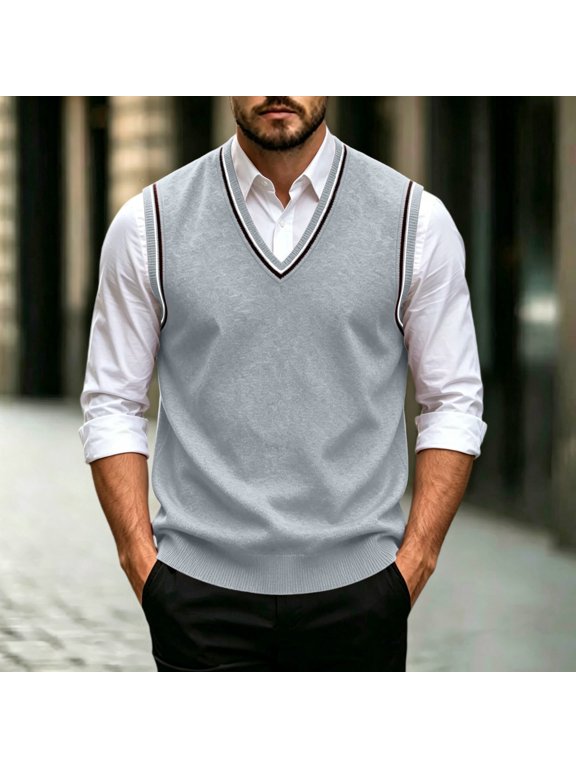 Preppy Sweater Vest for Men V Neck Sleeveless Knit Pullover with Striped Ribbed Trim Soft Regular Fit Classic Layering Top for Golf School Office Travel and Casual Everyday Wear