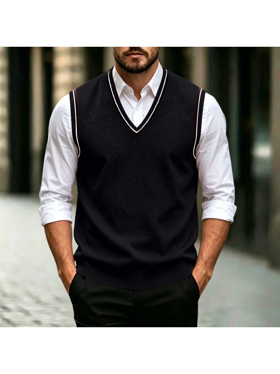 Preppy Sweater Vest for Men V Neck Sleeveless Knit Pullover with Striped Ribbed Trim Soft Regular Fit Classic Layering Top for Golf School Office Travel and Casual Everyday Wear