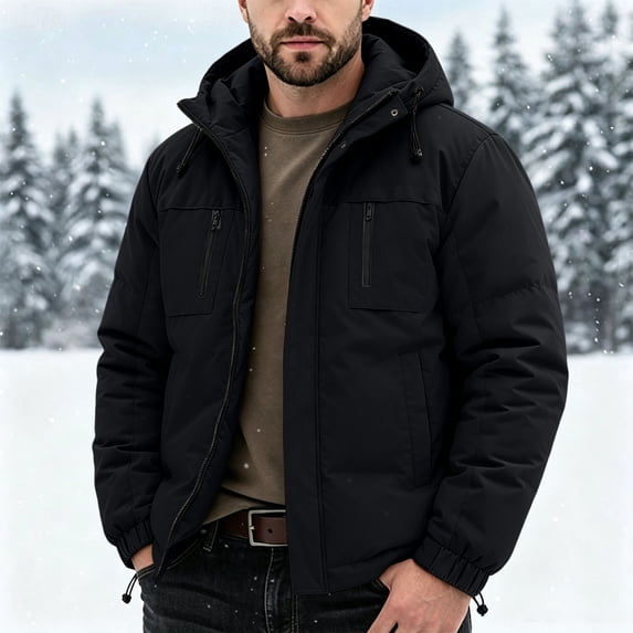 LEKWK Puffer Jacket Men Hooded Water Resistant Windproof Outerwear with Pockets Full Zip Warm Thermal Coat for Hiking Cycling Snow Outdoor