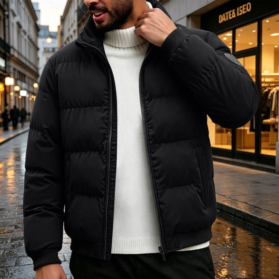LEKWK Puffer Jacket for Men Full Zip Stand Collar Warm Winter Coat Quilted Padded Thermal Outerwear with Pockets Lightweight Windproof Jacket Black M