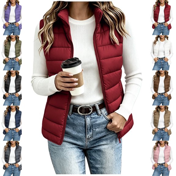LEKWK Puffer Vest Women Sleeveless Full Zip Quilted Jacket Lightweight Stand Collar Fall Winter Layering Travel Outerwear Wine S