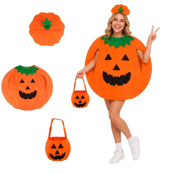 LEKWK Pumpkin Costume Adult 3 Piece Set with Hat & Candy Bag Cute Funny Halloween Costume Family Members Halloween Party Dress up Clearance
