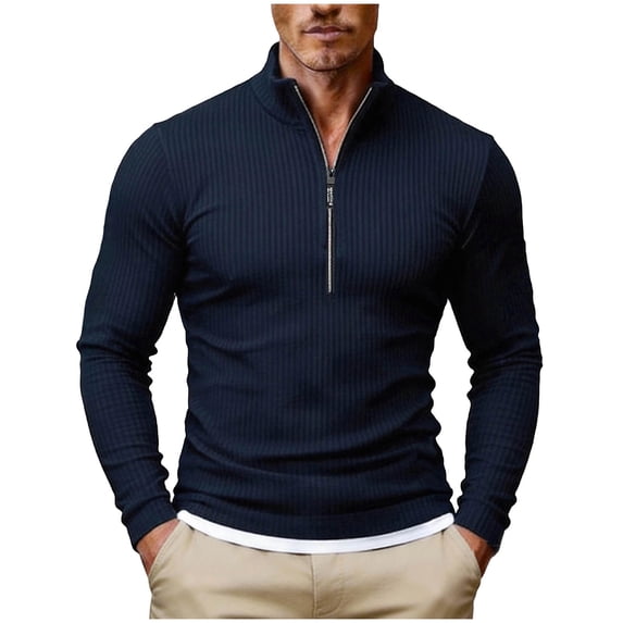 LEKWK Quarter Zip Pullover Men Slim Fit Mock Neck Long Sleeve Shirts Ribbed Texture Athletic Shirts Solid Fall Winter Casual Warm