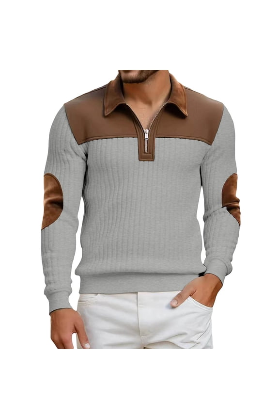 Quarter Zip Pullover Men Slim Fit Turn Down Collar Long Sleeve Shirts Elbow Patch Casual Shirts Ribbed Knit Business Fall