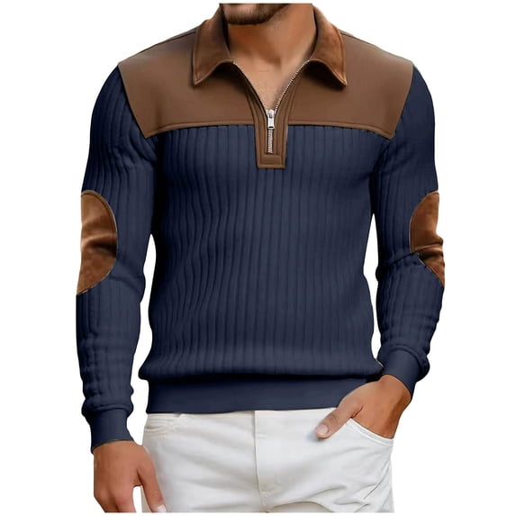 LEKWK Quarter Zip Pullover Men Slim Fit Turn Down Collar Long Sleeve Shirts Elbow Patch Casual Shirts Ribbed Knit Business Fall