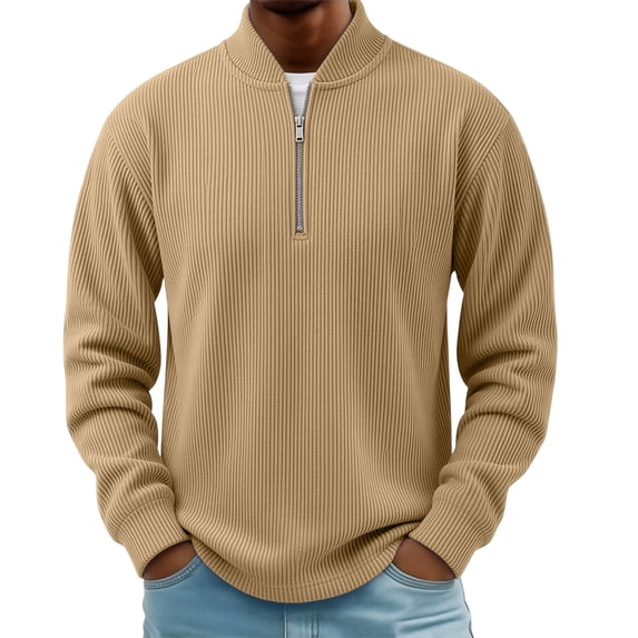 LEKWK Quarter Zip Pullover for Men Stand Collar Long Sleeve Ribbed Sweatshirt Soft Stretch Relaxed Fit Casual Sweater Top for Work Travel Outdoor Layering and Everyday Fall Winter Wear Khaki M