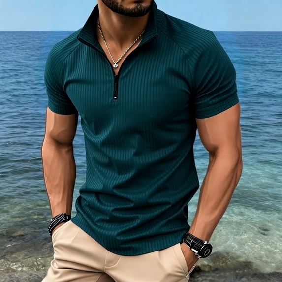 LEKWK Quarter Zip Shirt for Men Short Sleeve Stand Collar Golf Top Ribbed Knit Lightweight Breathable Muscle Fit Activewear for Gym Workout Green L