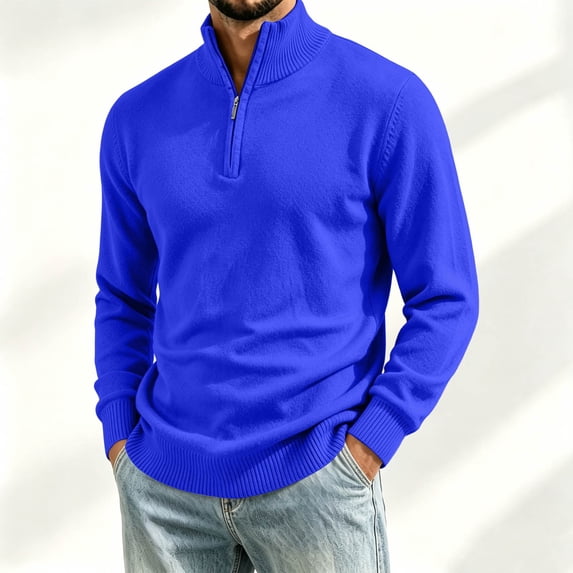 LEKWK Quarter Zip Sweater for Men Cable Knit Collared Pullover Long Sleeve Casual Warm Knitwear Classic Fit Ribbed Trim Top for Fall Winter Wear Dark Blue L