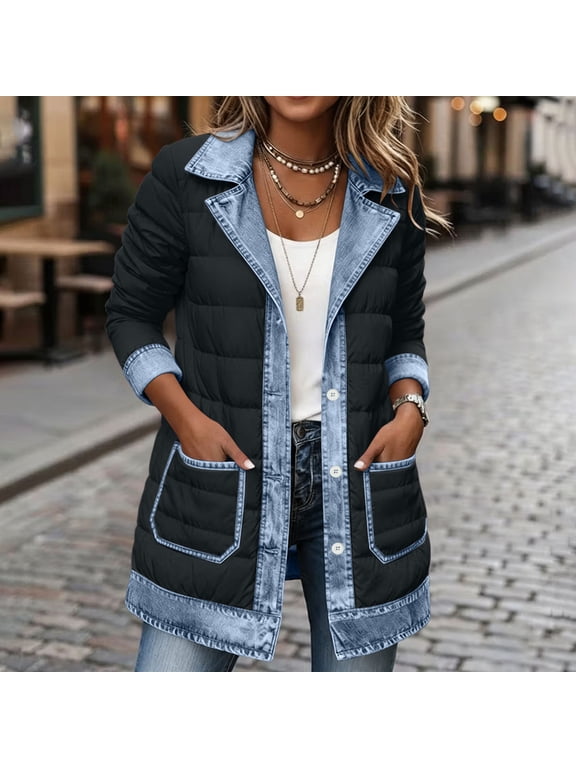 Quilted Jackets for Women Denim Patchwork Button Down Lapel Puffer Jacket with Pockets Lightweight Warm Fall Winter Outerwear Black XXL