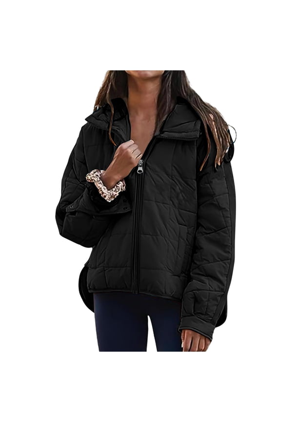 Quilted Jackets for Women Zip up Lightweight Hooded Warm Puffer Padded Coats Long Sleeve Casual Workout Packable Down Jacket with Pockets