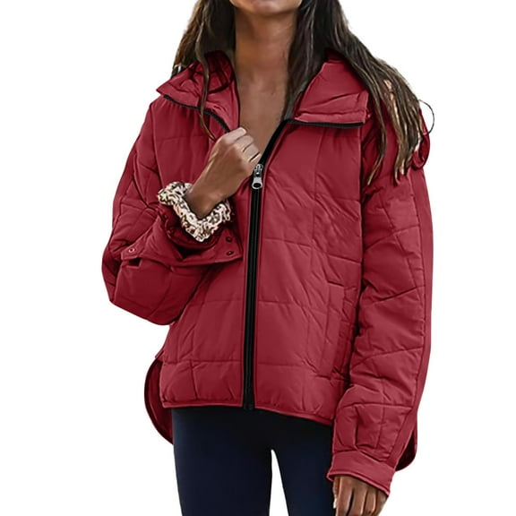 LEKWK Quilted Jackets for Women Zip up Lightweight Hooded Warm Puffer Padded Coats Long Sleeve Casual Workout Packable Down Jacket with Pockets