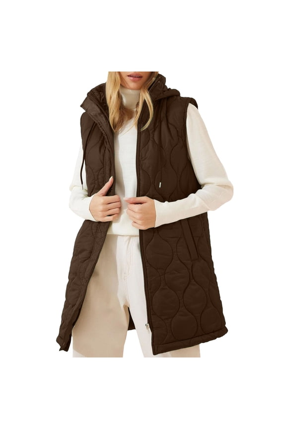 Quilted Vest Women Sleeveless Lightweight Jackets Hooded Drawstring Padded Oversized Tunic Warm Winter Coats Outerwear