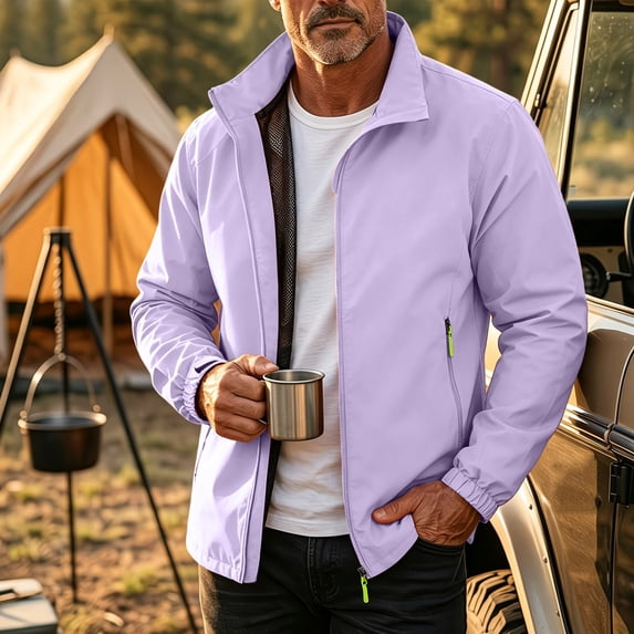 LEKWK Rain Jackets for Men Lightweight Windbreaker Full Zip Stand Collar Casual Jacket Water Repellent Breathable Activewear Outerwear for Outdoor Hiking Purple XS