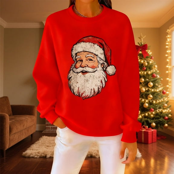 LEKWK Red Christmas Santa Sweatshirt for Women Long Sleeve Crewneck Oversized Tops Holiday Party Funny Shirts Cute Graphic Going Out Outfits Dressy Casual Blouses