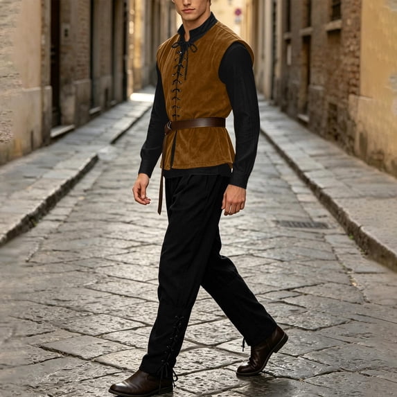 LEKWK Renaissance Costume Men Lace Up Sleeveless Vest Long Sleeve Shirt and Lace Up Pants Vintage Pirate Costume with Belt Medieval Renaissance Set