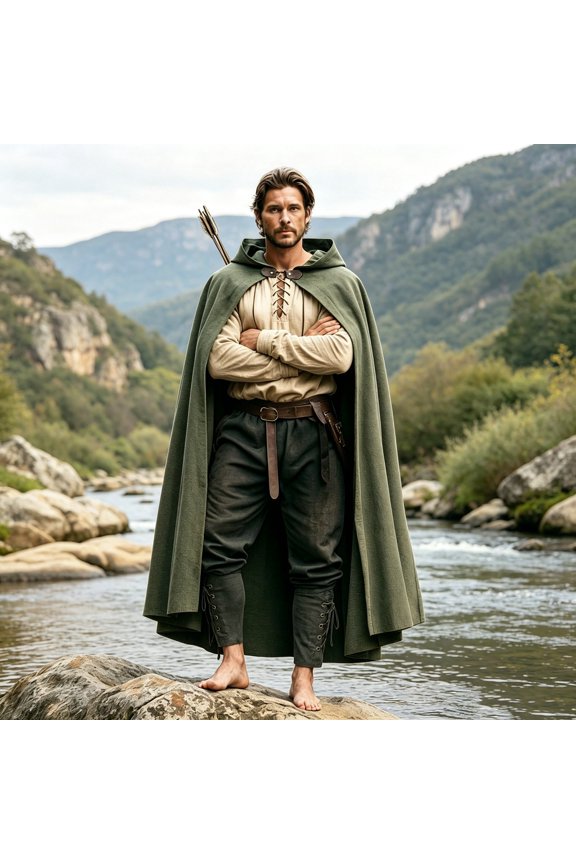 Renaissance Costume Men Linen Hooded Cloak Lace Up Long Sleeve Viking Shirt and Pants 3 Piece Halloween Medieval Costume,Size S-3XL