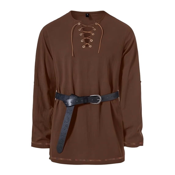LEKWK Renaissance Costume Men Long Sleeve Vintage Pirate Viking Tops V Neck Lace Up Shirts with Belt Medieval Halloween Costume