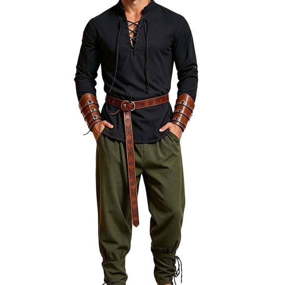 LEKWK Renaissance Costume Men Medieval Costume Lace-Up V-Neck Pirate Shirt Pants with Vintage Belt and Arm Guards for Halloween Cosplay