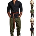 thumbnail image 1 of LEKWK Renaissance Costume Men Medieval Costume Lace-Up V-Neck Pirate Shirt Pants with Vintage Belt and Arm Guards for Halloween Cosplay, 1 of 7